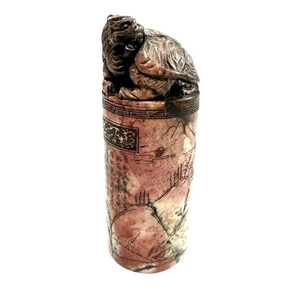 LONGGUI FENG SHUI PILLAR STATUE CHINESE SOAPSTONE CARVING DRAGON TURTLE POWER 5" - Picture 1 of 9